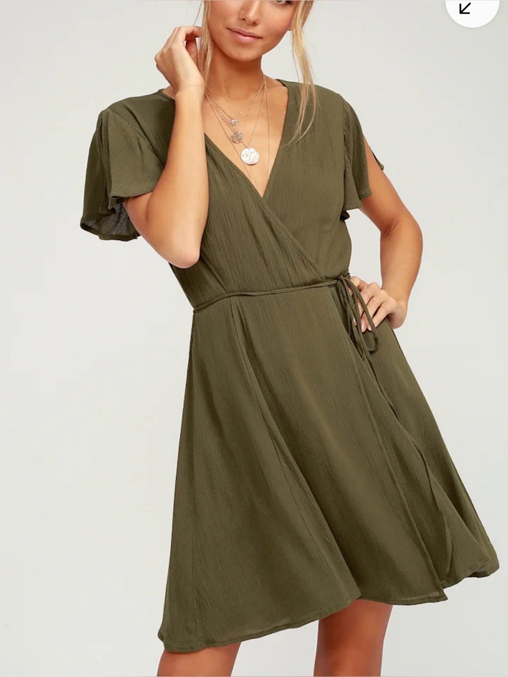 LuLu’s 🇨🇦 Harbor Point Olive Green Wrap Dress Slit Flutter Sleeve SZ Medium